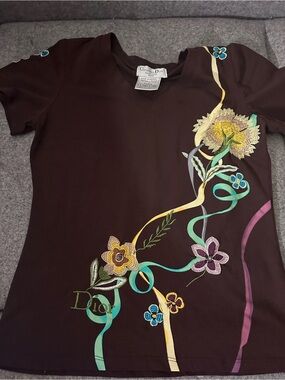 Dior Brown Short Sleeve Tee with Multicolor Floral Ribbon Motif
